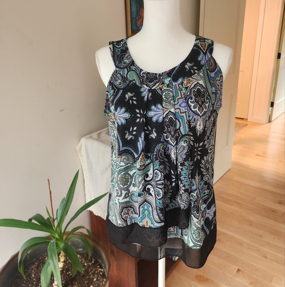 Roz & Ali Petite Women's Paisley Sleeveless Top - Black and Blue, Size PL
